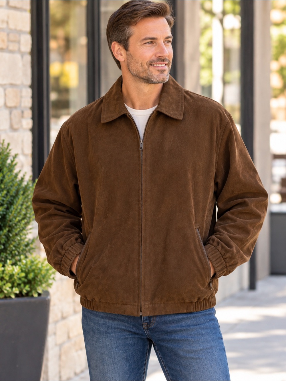 WEATHERPROOF Vintage Faux Suede Jacket Bomber Full Zip Brown Men’s Large